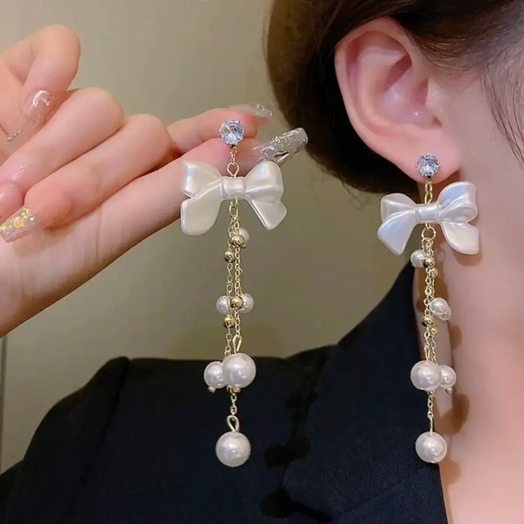 Bow Pearl Tassel Long Earrings
