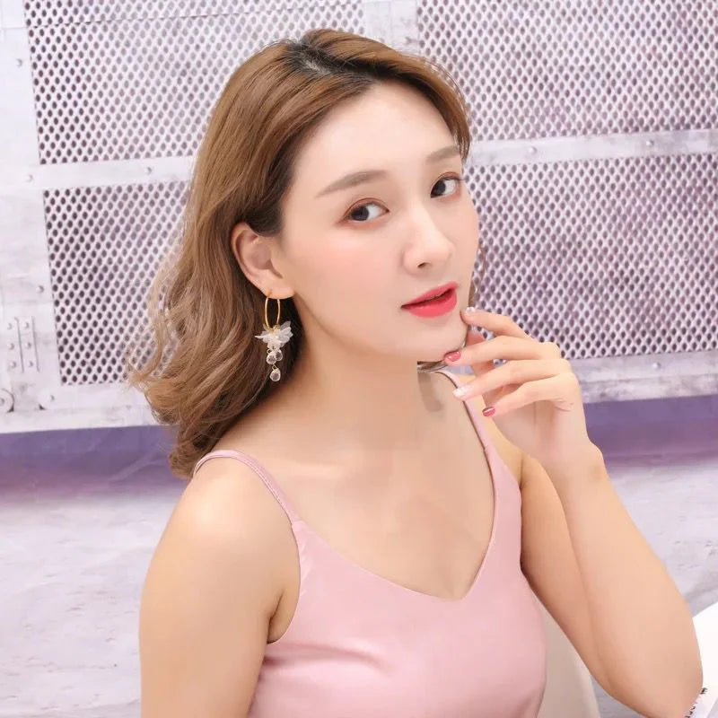 Korean Flower Drop Hoop Earrings