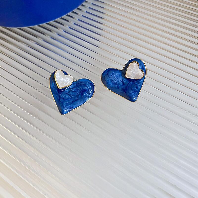 Enamel Blue Heart Stud Earrings