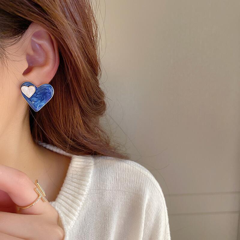 Enamel Blue Heart Stud Earrings