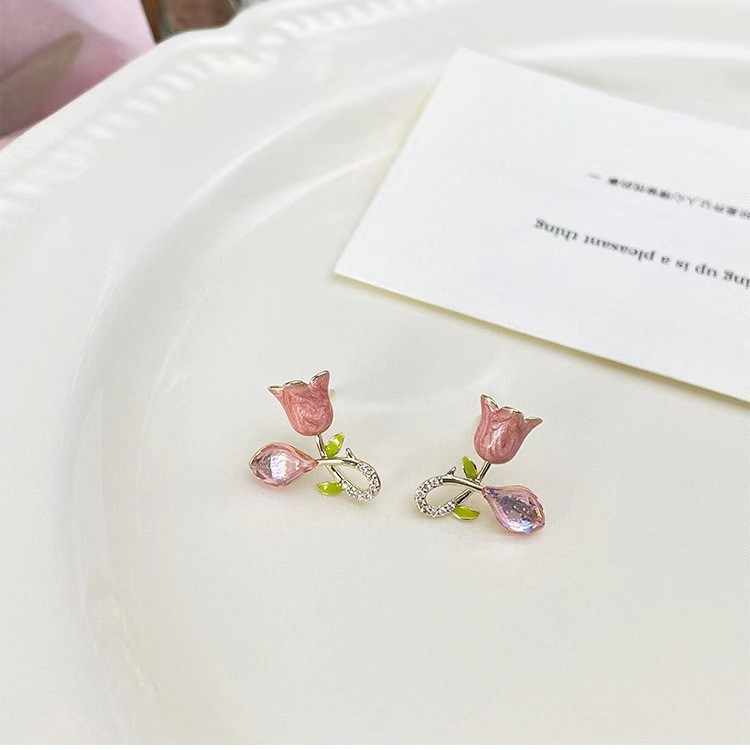 Cute Pink Tulip Crystal Stud Earrings