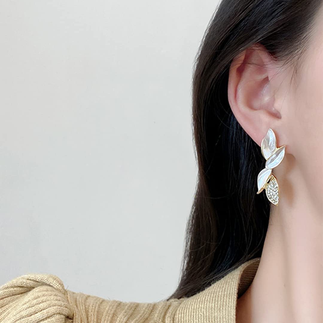 Yellow Chimes Earrings For Women White Crystal Studded Leaf Designed Stud Drop Earrings For Women and Girls