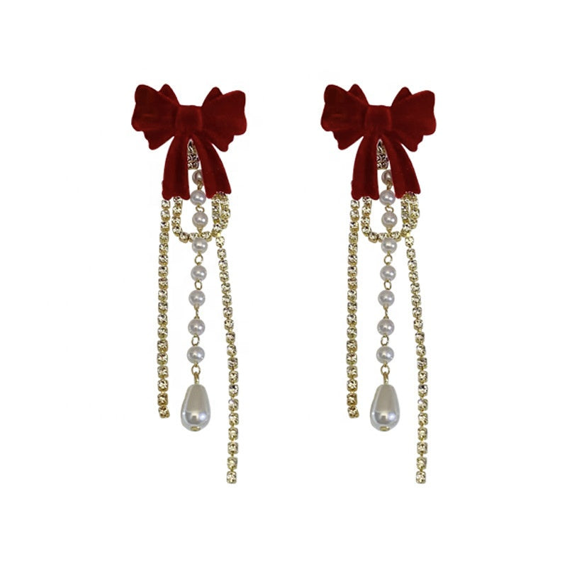 Detachable Bow Pearl Tassels Earrings