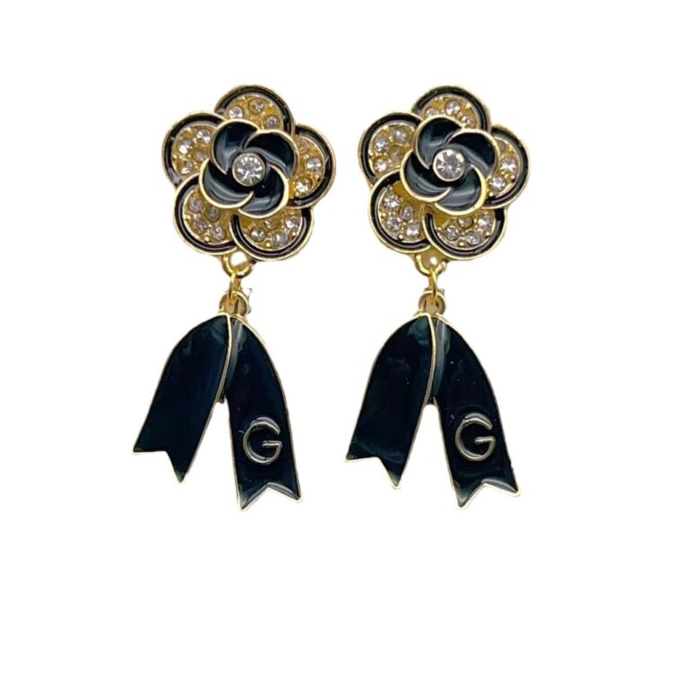 Black Camelia Bow Letter Earrings