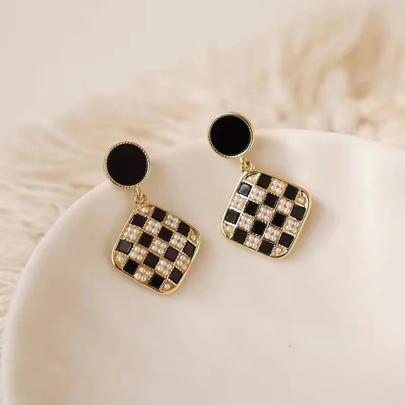 Geometric Checkerboard Pearl & Enamel Earring