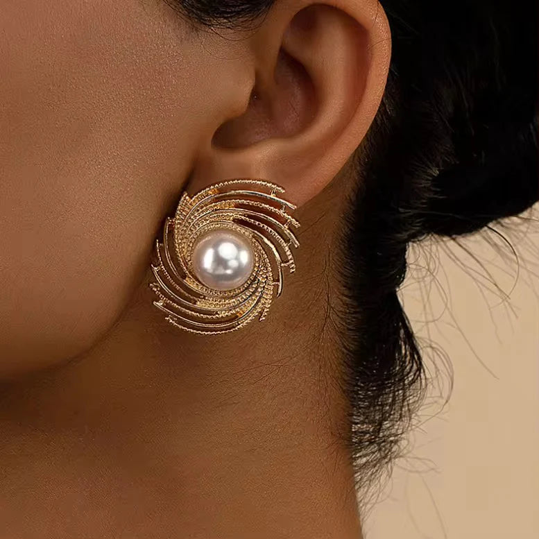 Metal Textured Pearl Stud Earrings