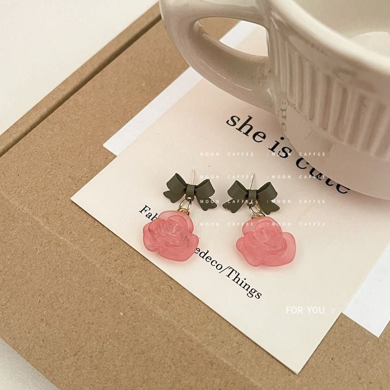 Acrylic Oink Rose Flower & Bow Earrings