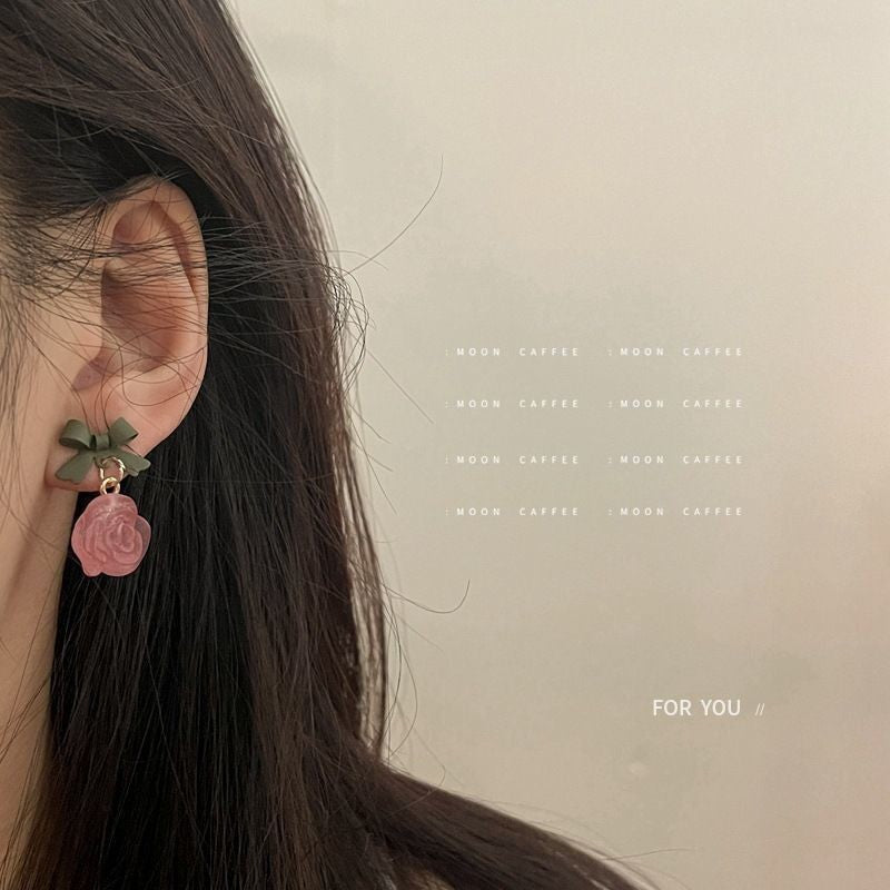 Acrylic Oink Rose Flower & Bow Earrings