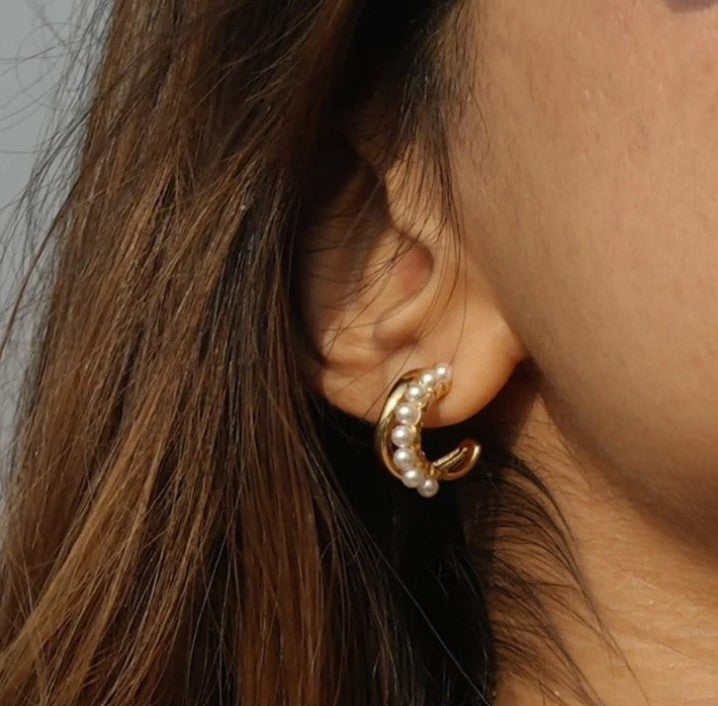 Elegant Dual Layer C Shape Pearl Hoop Earrings