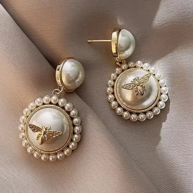 3D Golden Bee on Pearl CC Drop Earrings