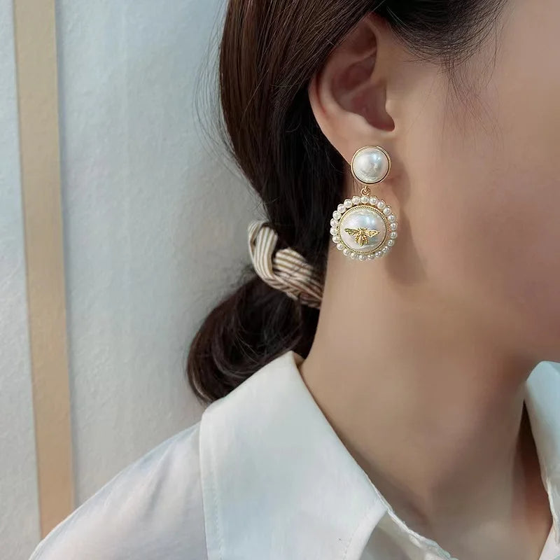 3D Golden Bee on Pearl CC Drop Earrings