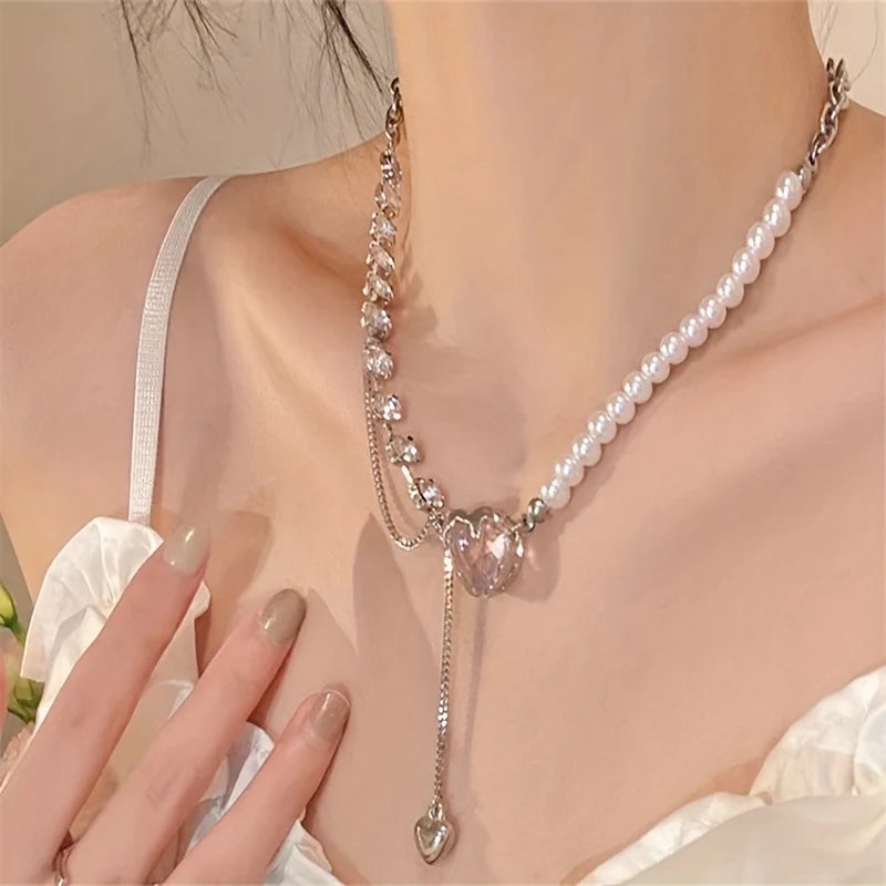 Pink Heart Pearl Chain Necklace