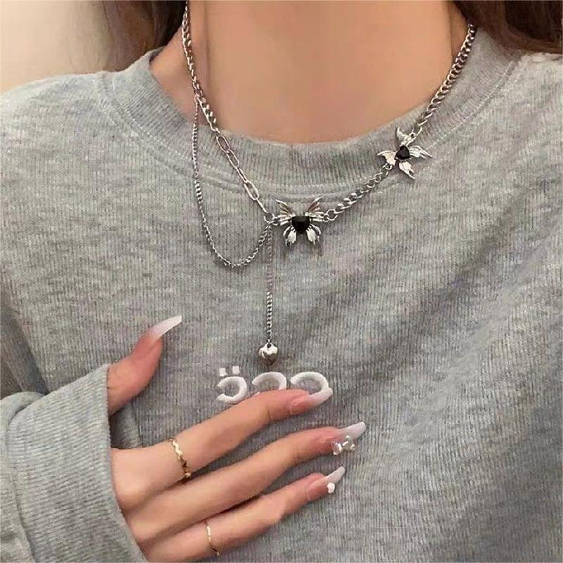 Y2K Black Butterfly Heart Tassel Necklace
