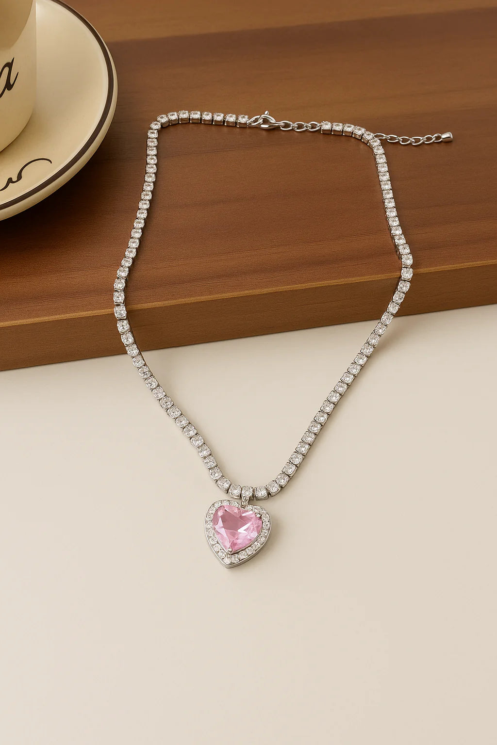 Pink Heart Stone Chain Choker Necklace