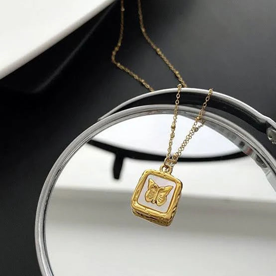 Butterfly Studded In Shell Square Necklace