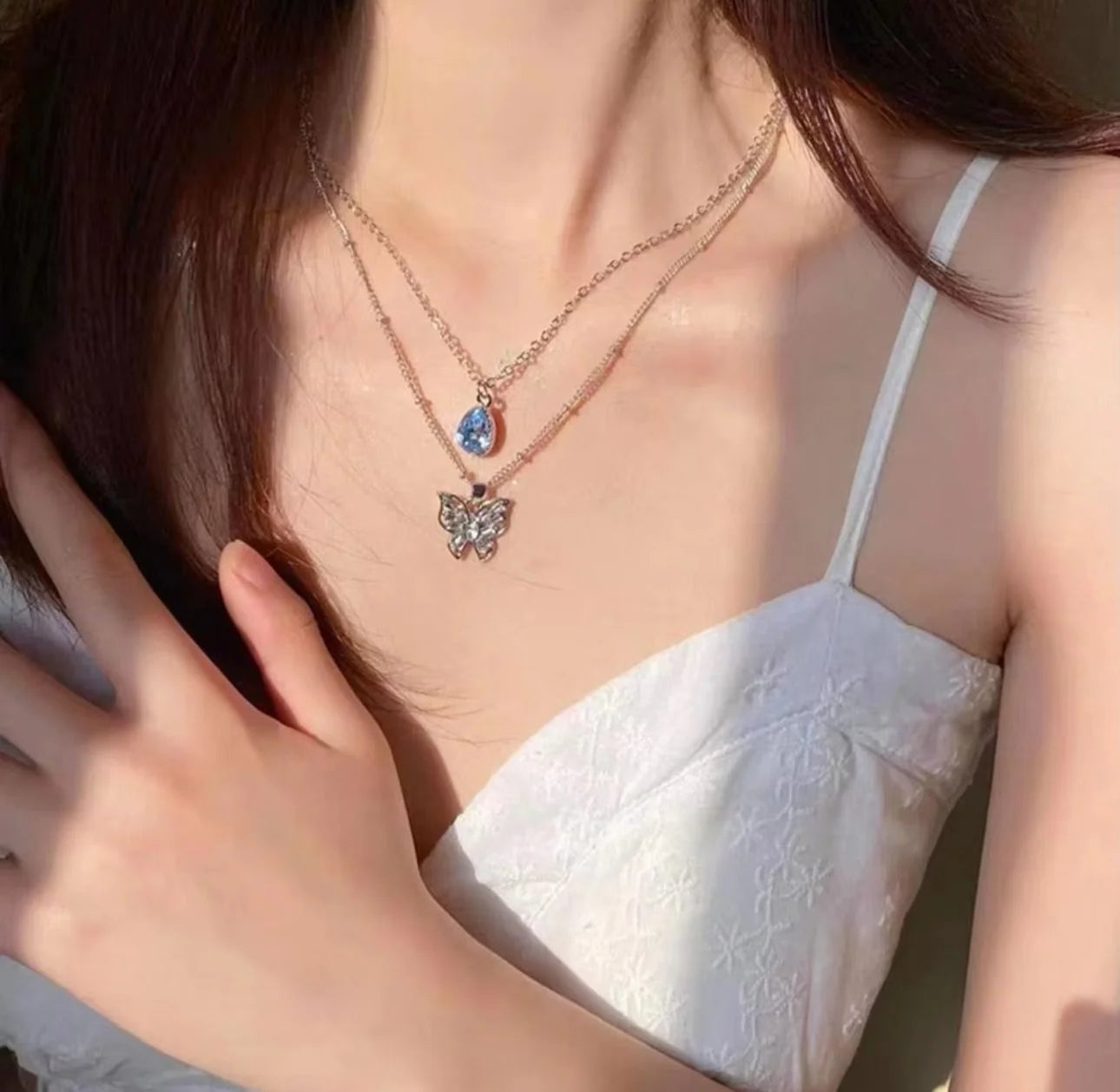 Dual Chain Butterfly & Blue Stone Necklace