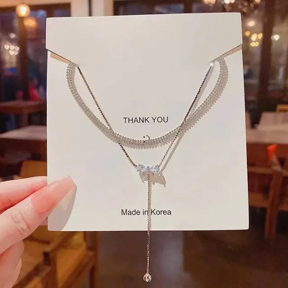 Bow Drop Dual Chain Choker Necklace