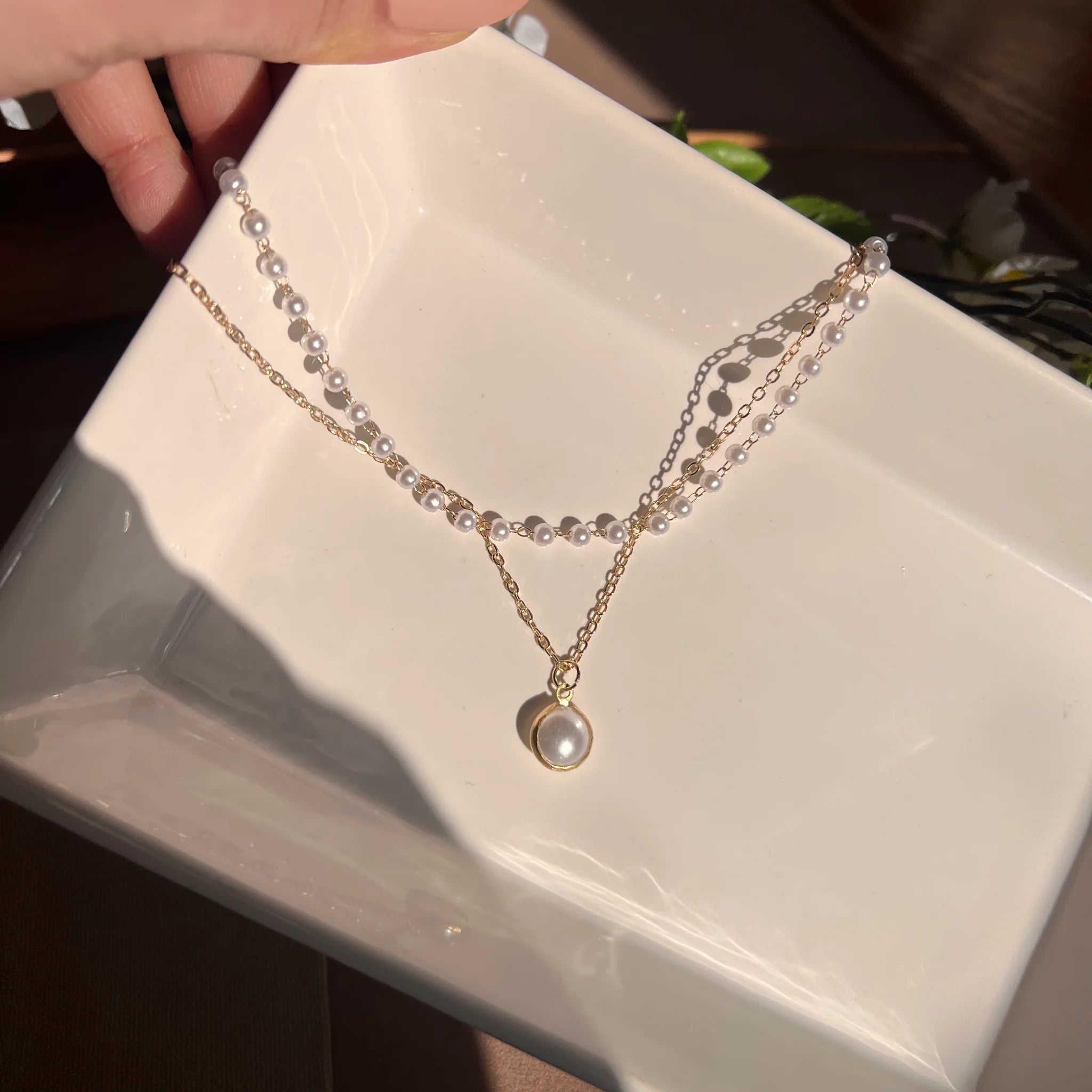 Pearl Drop Double Layer Peral Chain Necklace