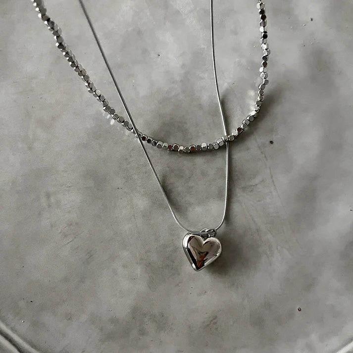 Double Layer Silver Geometric Beads & Heart Drop Necklace