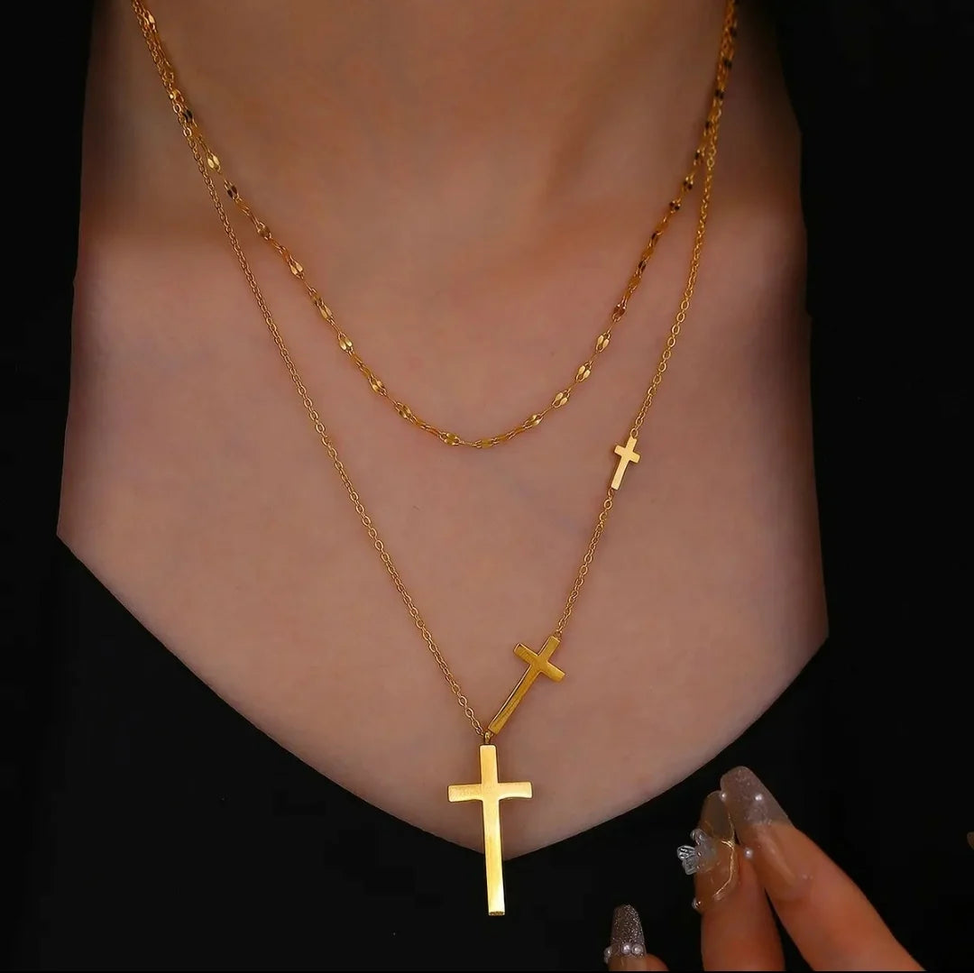 Dual Chain Three Cross Necklace
