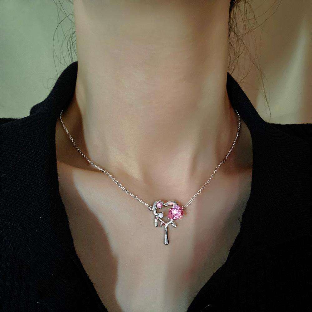 Pink Crystal Liquefied Metal Heart Necklace
