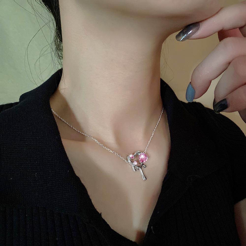Pink Crystal Liquefied Metal Heart Necklace